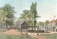 34_41206 Auf der Reeperbahn bten die Seilmacher / Reepschlger ihr Handwerk ab ca. 1633 vor dem Millerntor, eines der Stadttore Hamburgs. aus. Unter der berdachten Strecke fertigen zwei Reeper die bis zu 300 m langen Schiffstaue. Rechts eines der vielen Ausflugslokale mit Gartenterrasse auf der Gste sitzen. Um 1882 kaufte die Stadt Hamburg den Reepschlgern das Areal ab, legte Strassen an und verkaufte das Gebiet als Baugrundstcke.