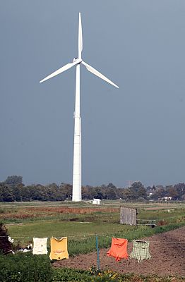 011_15006 - die Windenergieanlage in den Vierlanden ist Teil eines Windparks; im Vordergrund ist Wsche zum Trocknen aufgehngt.