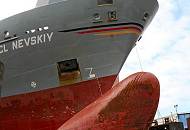 24_x9835 Der Unterwasserschutz des Frachters OOCL NEVSKIY  soll in der Hamburger Werft neu augetragen werden. Der Wulstbug des Container-Frachters ist schon fr die Streicharbeiten vorbereitet. Im Verhltnis zu dem mchigen Schiffsbug wirken die dort stehenden Hafenarbeiter klein.