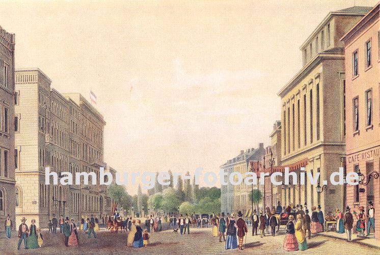 11_18992 Historisches Hamburg um 1840; die Brger flanieren in Sonntagskleidung auf der Dammtorstrasse. Vor dem Stadttheater steht eine Pferdekutsche - neben dem Theater befindet sich ein Caf und Restaurant. Im Hintergrund Baume am Dammtor.
