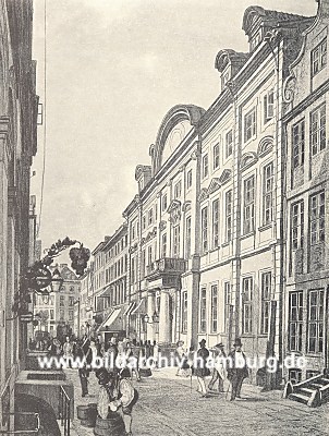 04_22737 - historische Ansicht vom Neuer Wall/ Goertz-Palais ca. 1810; Passanten mit Zylinder und Spazierstock, Fsser am Strassenrand; Kopfsteinpflaster.