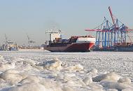196_5775 Zwei Frachtschiffe verlassen im dichten Eis der Elbe den Hamburger Hafen - rechts die Container - Brcken am HHLA Terminal Burchardkai. Im Vordergrund ist der Elbstrand von velgnne mit Eisschollen bedeckt.