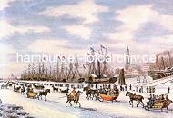 219_2_022_25 Die Segelschiffe liegen eingefroren auf der Elbe - die Hamburger Brger und Brgerrinnen gehen auf der zugefrorenen Elbe spazieren. Andere fahren mit Pferdeschlitten auf dem Elbeis - oder reiten zu Pferde. Im Hintergrund die St. Michaeliskirche.