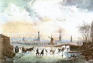 252_022_149 Die Aussenalster ist zugefroren, ein Pferdegespann mit Schlitten jagt ber das Alstereis; Herren mit Zylinder fahren Schlittschuh. Im Hintergrund die Mhle an der Lombardbrcke und die Kirchtrme der Hansestadt.