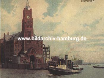 011_14751 historischer Kaiserspeicher; lks. ein Kran auf der Kaimauer; ein Dampf-Schlepper fhrt Richtung Binnenhafen. (ca. 1920).
