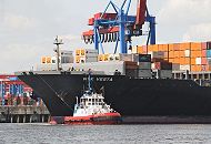 033_8005_0509 Ein Schlepper zieht den Schiffsbug des Containerfrachters NYK VESTA von der Kaianlage des HHLA Container Terminals Altenwerder. Auf mehreren Ebenen sind die Metallboxen auf dem Deck des Frachters gestapelt - die NYK VESTA kann ca. 8600 Standart-Container transportieren und hat ihren Heimathafen in Panama.  ©www.hamburg- fotos.org