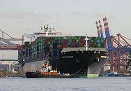 11_21424 Ein Schlepper dirigiert vorsichtig den Containerriesen HATSU COURAGE in den Hamburger Hafen - rechts die Containerbrücken vom Terminal EUROGATE und links die Brücken vom Terminal Burchardkai des Waltershofer Hafens. Das Containerschiff Hatsu Courage ist 334,00 m lang und 42,80m breit, es fährt 25 Knoten / kn - der Frachter lief 2005 vom Stapel. Bei einem Tiefgang von 14,50 m und einer gross tonnage von 90449 (nett tonnage von 55452) kann er 8073 Standartcontainern / TEU Ladung an Bord nehmen. ©www.bildarchiv-hamburg.de