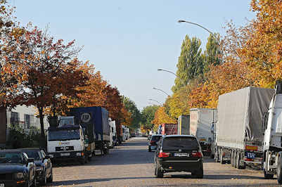 0663 Parkende LKW Lastkraftwagen Berzeliusstrasse - Allee mit Herbstbäumen Ahorn.
