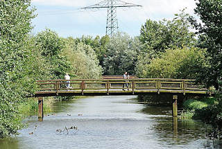 4970 Baumbestand an einem der Fleete in Hamburg Neuallermöhe - eine Holzbrücke führt über das Wasser.