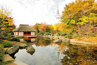 0322 Herbst in Hamburg - Japanischer Garten Teehaus und Fernsehturm in Planten un Blomen; Herbstbäume in prächtigen Farben - Indian Summer / Goldener Herbst.