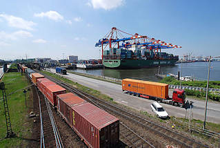 5446 Waltershofer Hafen - Güterzug mit Containern / Containerzug, Satteschlepper beim Containertransport und Containerschiff unter den Containerbrücken des EUROGATE Terminals.